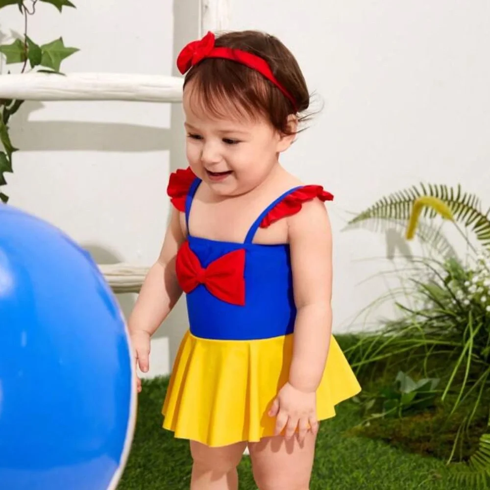 Disney Girls Snow Princess Swimdress One-piece Swim Dress Bowknot Bathing Suit